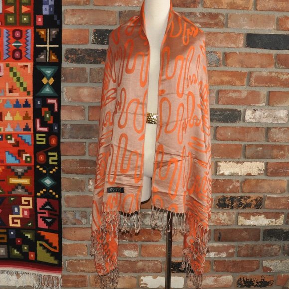 100% Cashmere Orange & Taupe Wavy Design Wrap Shawl New Without Tag - Picture 5 of 8
